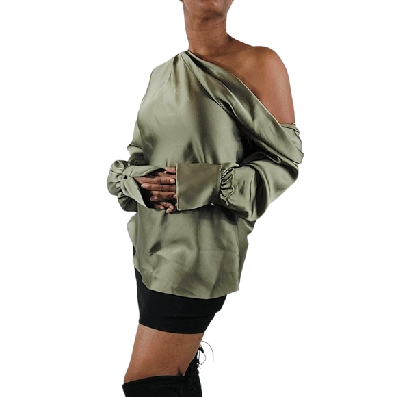 Jonathan Simkhai Olive Green Alice One-shoulder Draped Satin-Like Blouse - Picture 4 of 15